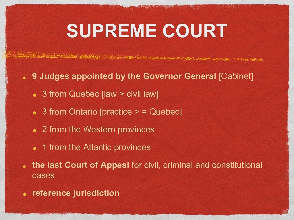 SUPREME COURT 9 Judges appointed by the Governor General [Cabinet] 3 from Quebec [law