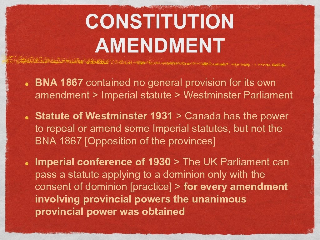 CONSTITUTION AMENDMENT BNA 1867 contained no general provision for its own amendment > Imperial