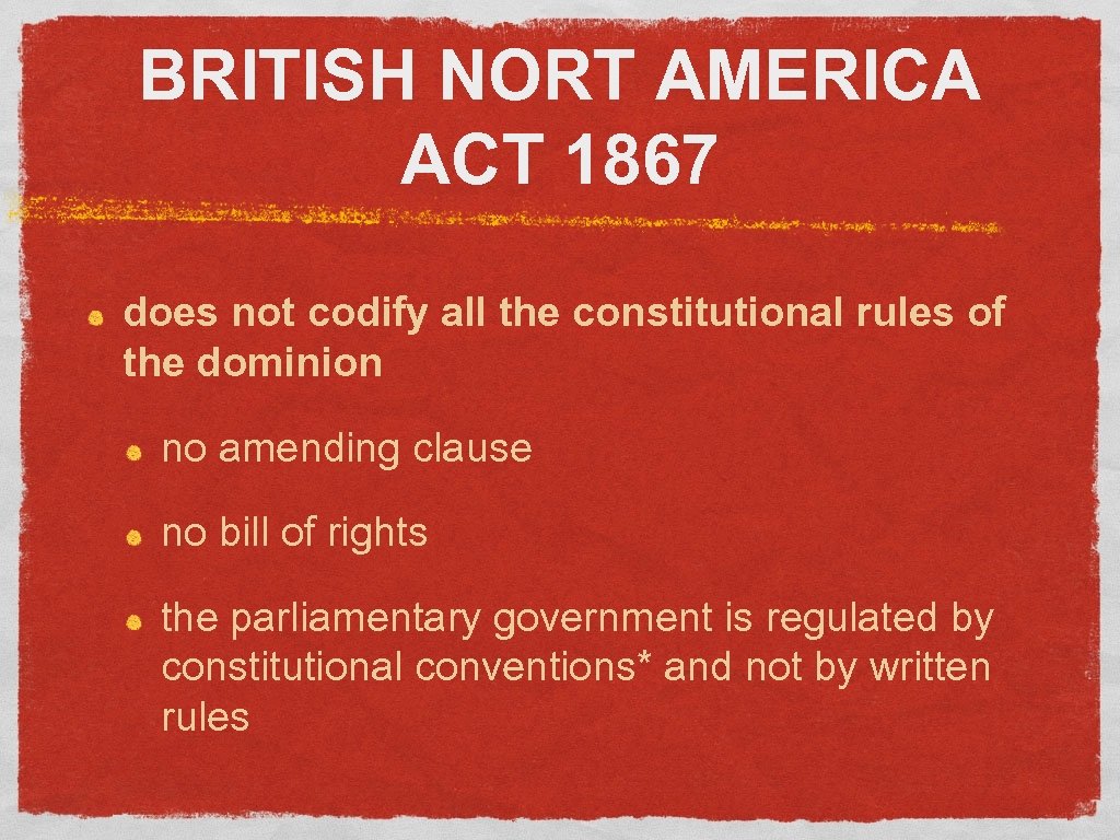 BRITISH NORT AMERICA ACT 1867 does not codify all the constitutional rules of the