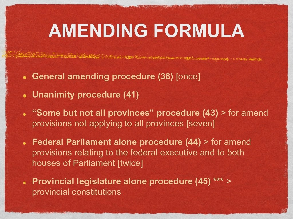 AMENDING FORMULA General amending procedure (38) [once] Unanimity procedure (41) “Some but not all