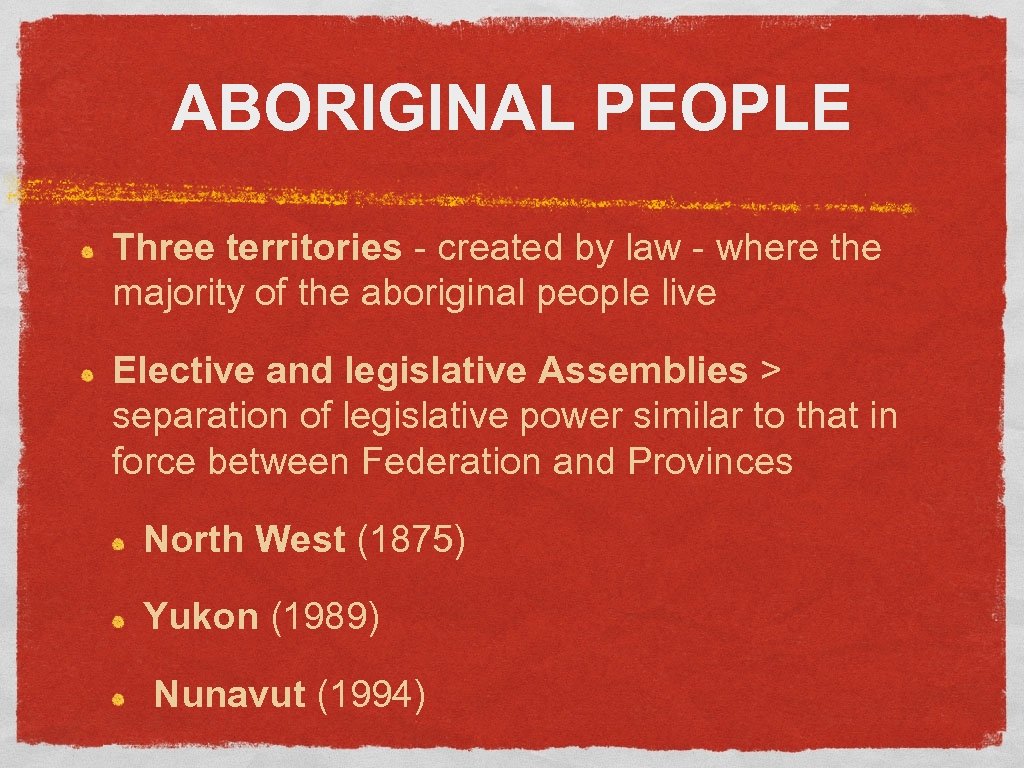 ABORIGINAL PEOPLE Three territories - created by law - where the majority of the