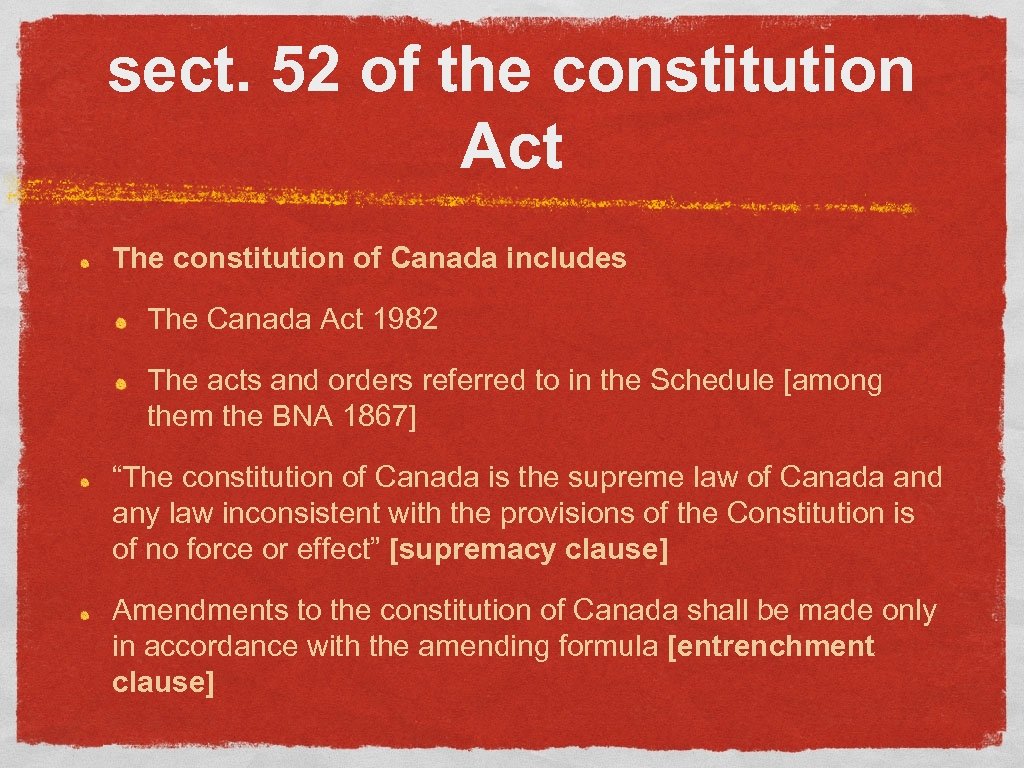 sect. 52 of the constitution Act The constitution of Canada includes The Canada Act