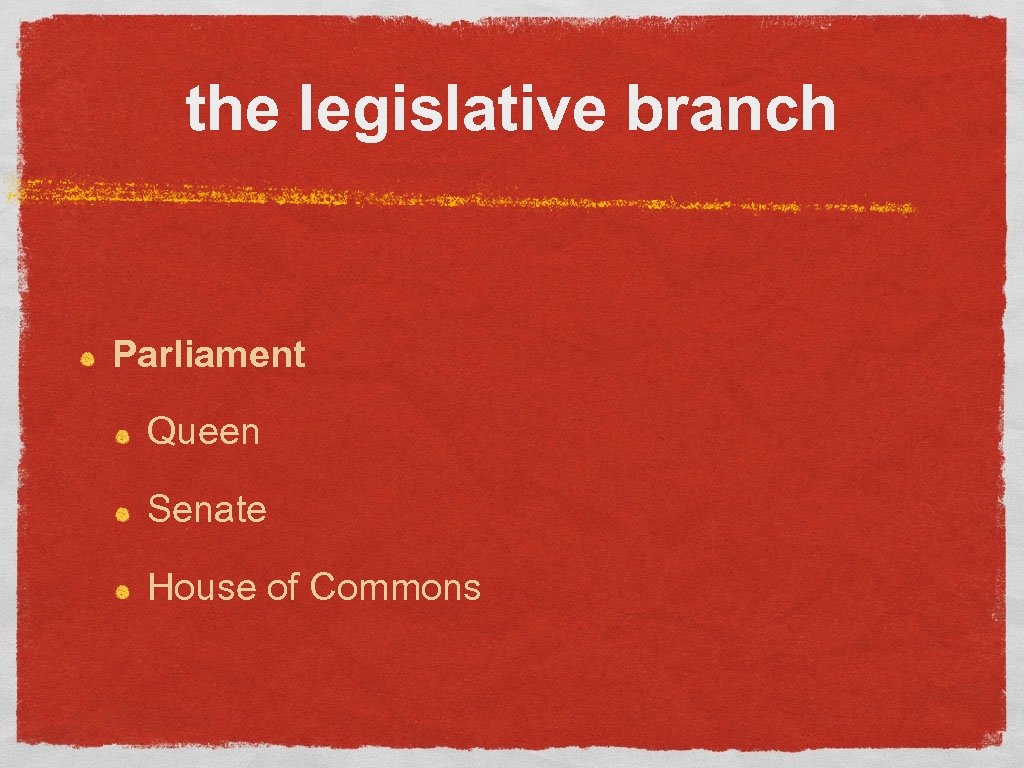 the legislative branch Parliament Queen Senate House of Commons 