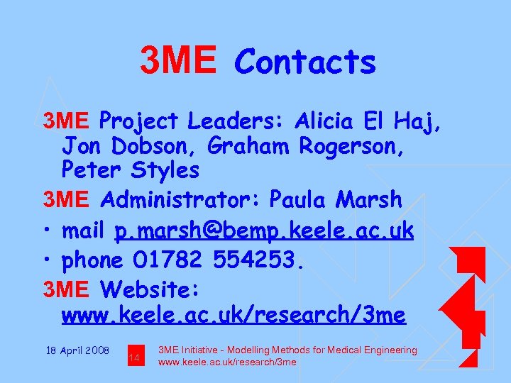 3 ME Contacts 3 ME Project Leaders: Alicia El Haj, Jon Dobson, Graham Rogerson,