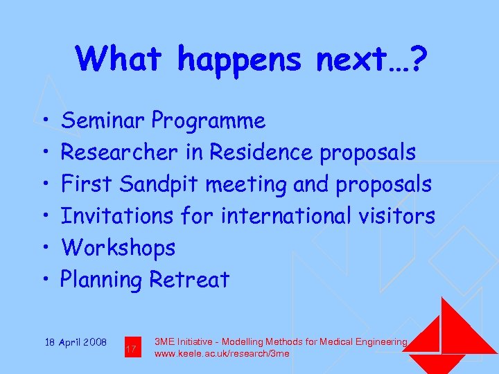 What happens next…? • • • Seminar Programme Researcher in Residence proposals First Sandpit