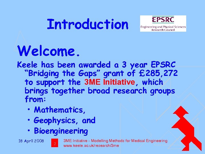 Introduction Welcome. Keele has been awarded a 3 year EPSRC “Bridging the Gaps” grant