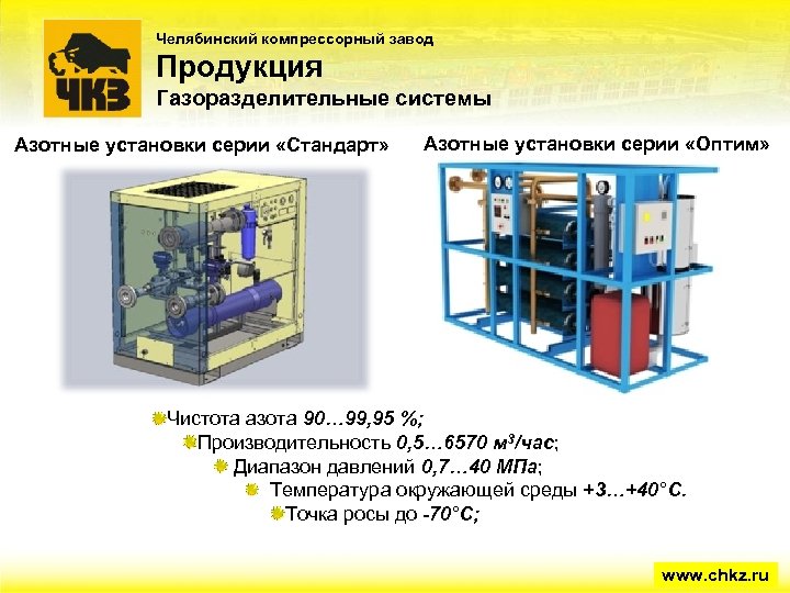 Челябинский компрессорный завод Продукция Газоразделительные системы Азотные установки серии «Стандарт» Азотные установки серии «Оптим»