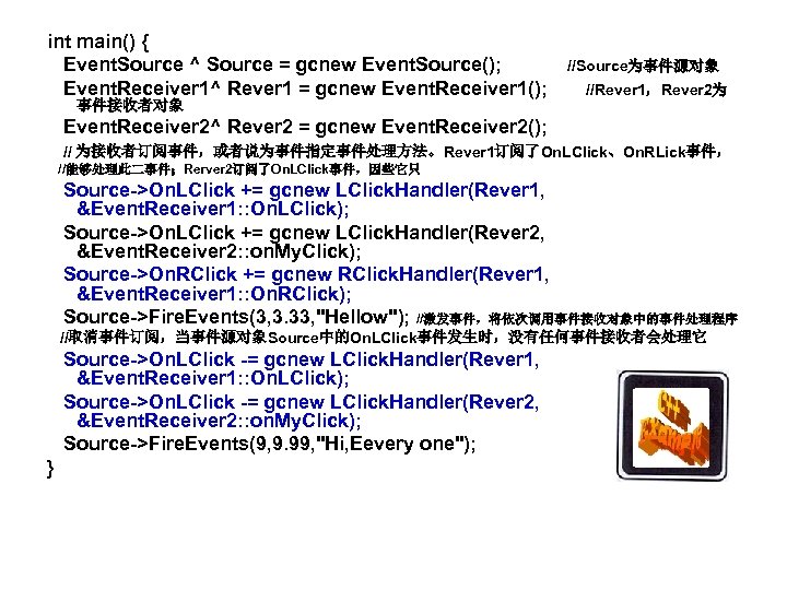 int main() { Event. Source ^ Source = gcnew Event. Source(); //Source为事件源对象 Event. Receiver