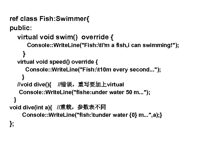 ref class Fish: Swimmer{ public: virtual void swim() override { Console: : Write. Line("Fish: