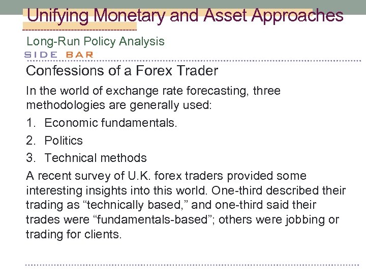 Unifying Monetary and Asset Approaches Long-Run Policy Analysis Confessions of a Forex Trader In