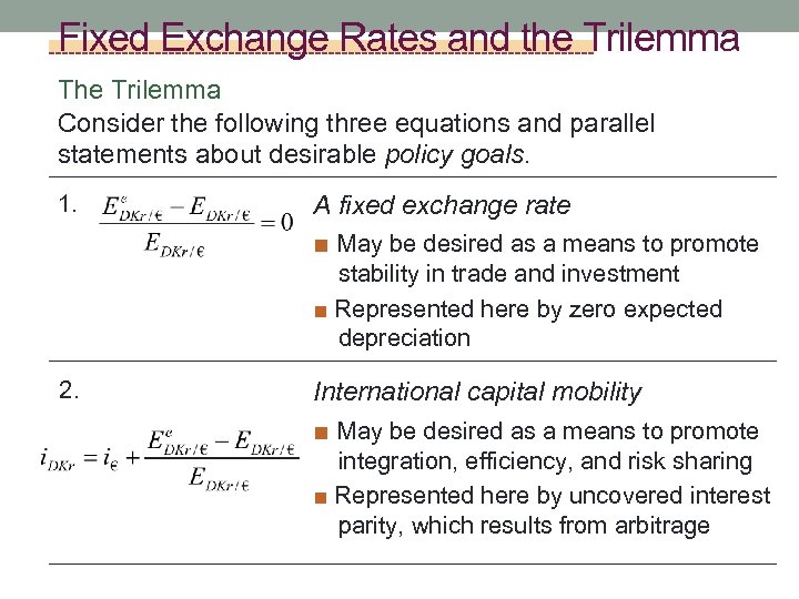 Fixed Exchange Rates and the Trilemma The Trilemma Consider the following three equations and