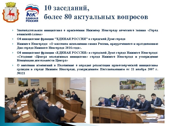 10 заседаний, более 80 актуальных вопросов Законодательная инициатива о присвоении Нижнему Новгороду почетного звания