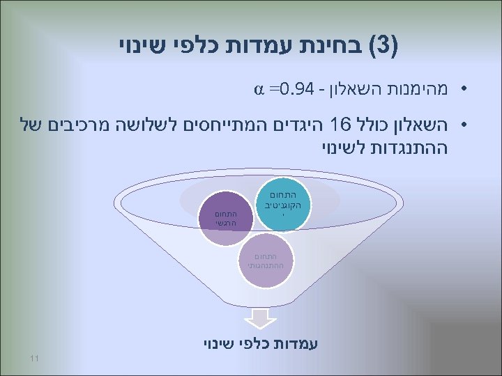  )3( בחינת עמדות כלפי שינוי • מהימנות השאלון - 49. 0= α •