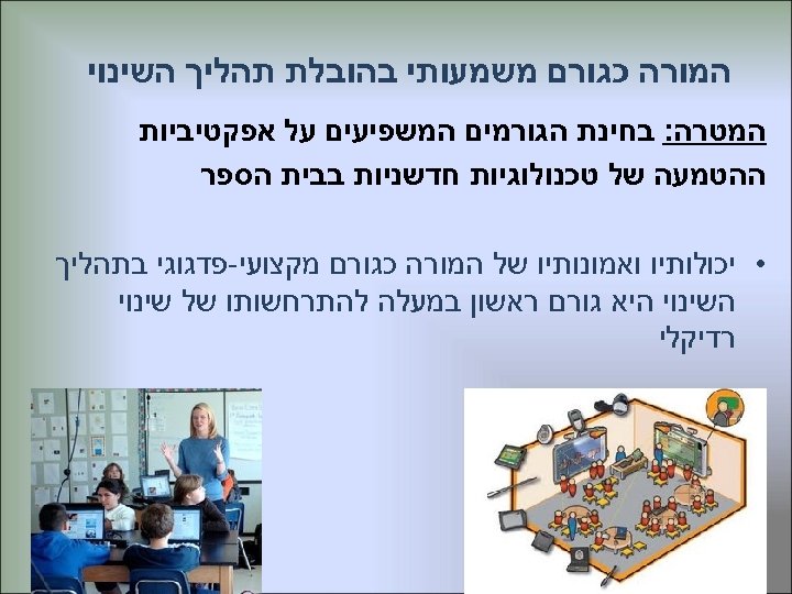  המורה כגורם משמעותי בהובלת תהליך השינוי המטרה: בחינת הגורמים המשפיעים על אפקטיביות ההטמעה