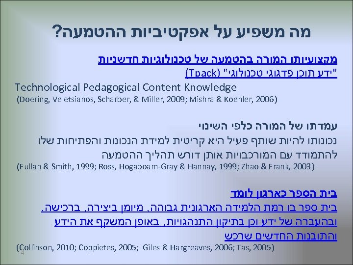  מה משפיע על אפקטיביות ההטמעה? מקצועיותו המורה בהטמעה של טכנולוגיות חדשניות 