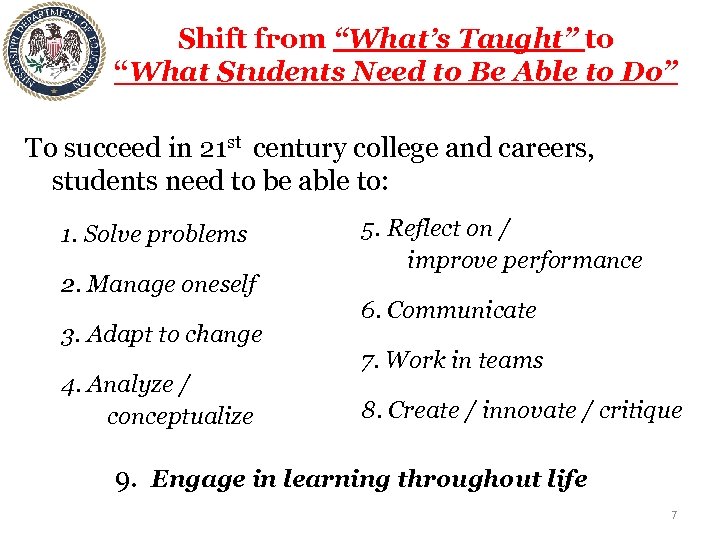 Shift from “What’s Taught” to “What Students Need to Be Able to Do” To