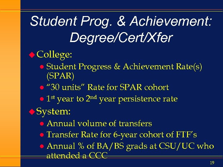 Student Prog. & Achievement: Degree/Cert/Xfer u College: Student Progress & Achievement Rate(s) (SPAR) l