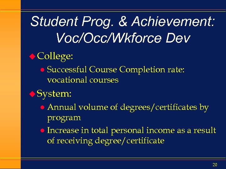 Student Prog. & Achievement: Voc/Occ/Wkforce Dev u College: l Successful Course Completion rate: vocational