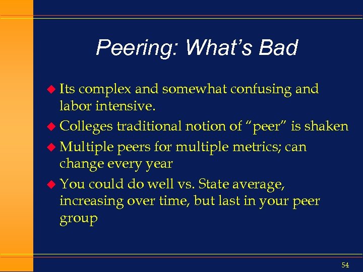 Peering: What’s Bad u Its complex and somewhat confusing and labor intensive. u Colleges