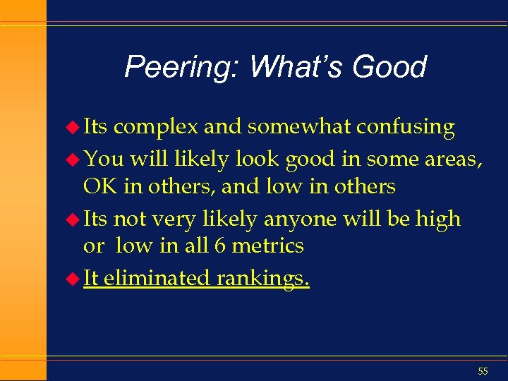 Peering: What’s Good u Its complex and somewhat confusing u You will likely look