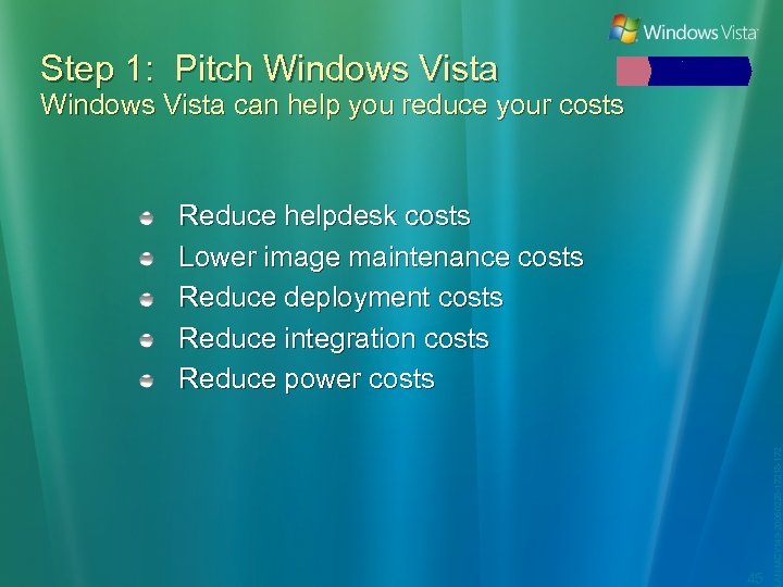 Step 1: Pitch Windows Vista can help you reduce your costs 45 LAN-MCY 149