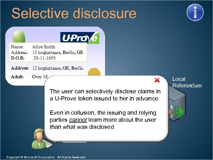 Selective disclosure Gov Name: Alice Smith Address: 12 hoghstrasse, Berlin, GE D. O. B: