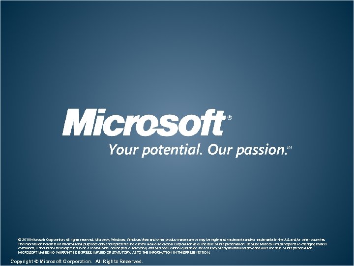 © 2010 Microsoft Corporation. All rights reserved. Microsoft, Windows Vista and other product names