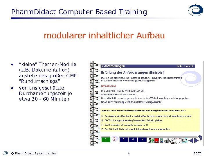 Pharm. Didact Computer Based Training modularer inhaltlicher Aufbau • • “kleine” Themen-Module (z. B.