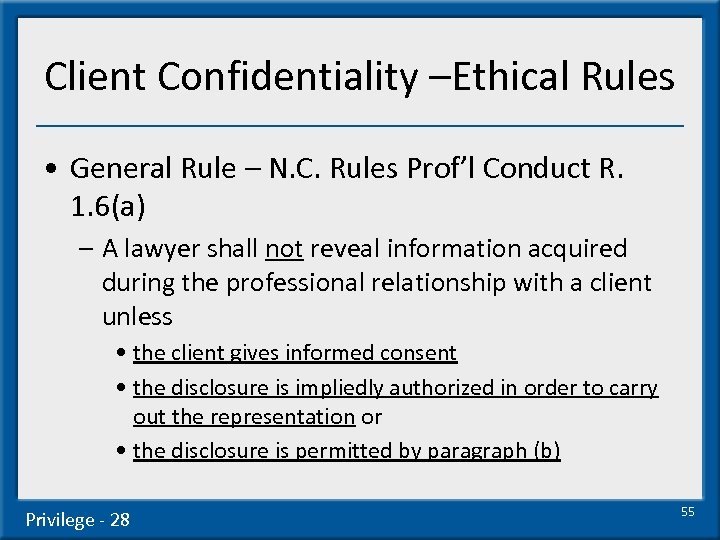 Client Confidentiality –Ethical Rules • General Rule – N. C. Rules Prof’l Conduct R.