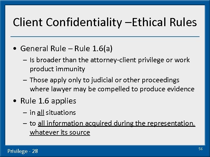 Client Confidentiality –Ethical Rules • General Rule – Rule 1. 6(a) – Is broader