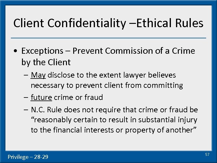 Client Confidentiality –Ethical Rules • Exceptions – Prevent Commission of a Crime by the