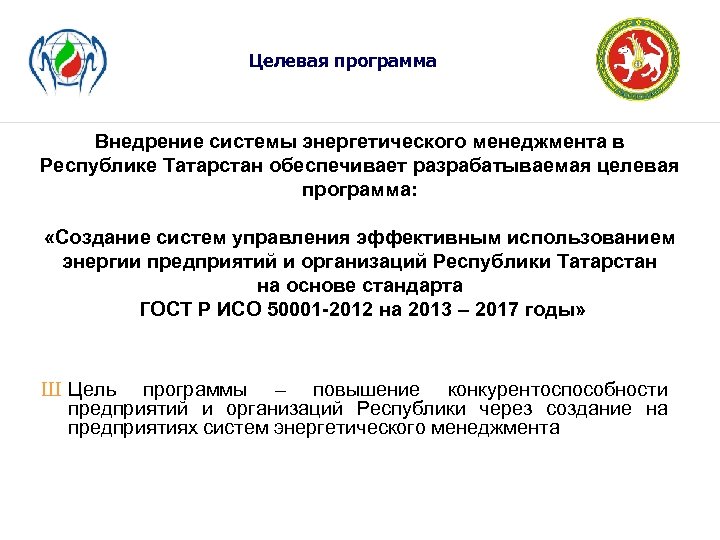 Целевая программа Внедрение системы энергетического менеджмента в Республике Татарстан обеспечивает разрабатываемая целевая программа: «Создание