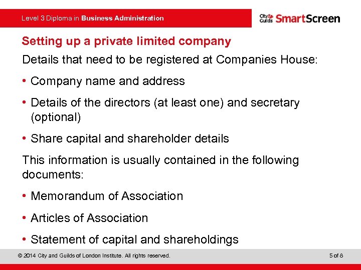 Level 3 Diploma in Business Administration Setting up a private limited company Details that