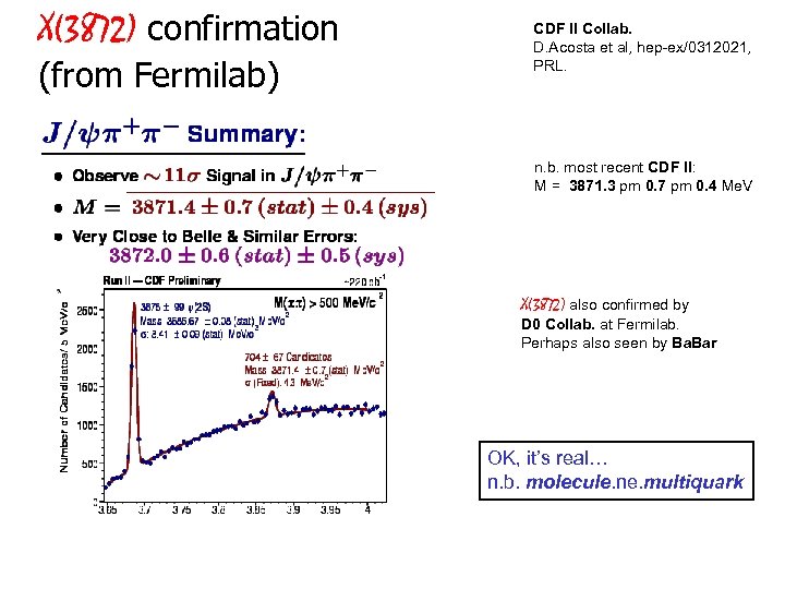 X(3872) confirmation (from Fermilab) CDF II Collab. D. Acosta et al, hep-ex/0312021, PRL. n.