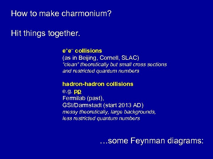 How to make charmonium? Hit things together. e+e- collisions (as in Beijing, Cornell, SLAC)