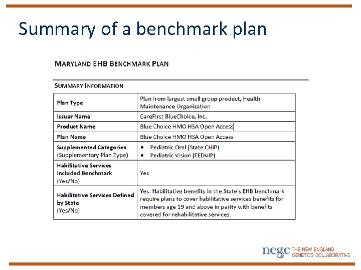 Summary of a benchmark plan 