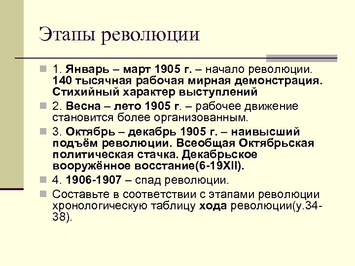 Этапы революции n 1. Январь – март 1905 г. – начало революции. n n