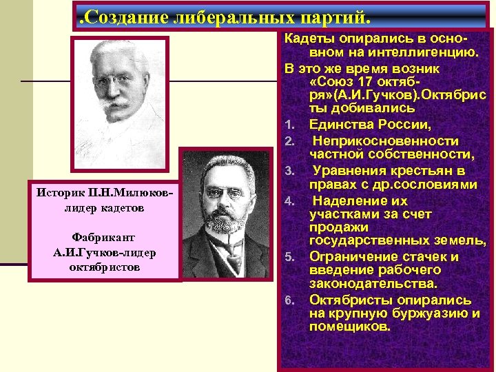 . Создание либеральных партий. Историк П. Н. Милюковлидер кадетов Фабрикант А. И. Гучков-лидер октябристов