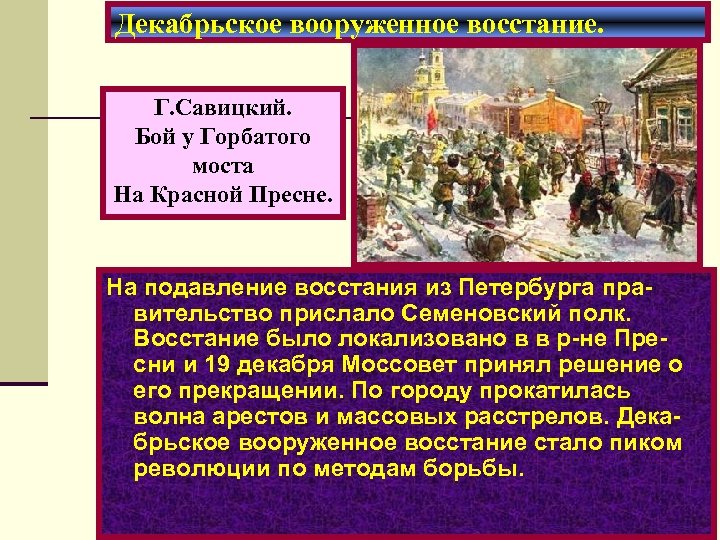 Декабрьское вооруженное восстание. Г. Савицкий. Бой у Горбатого моста На Красной Пресне. На подавление
