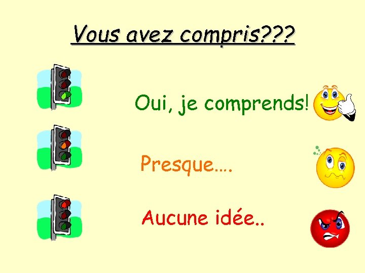Vous avez compris? ? ? Oui, je comprends! Presque…. Aucune idée. . 