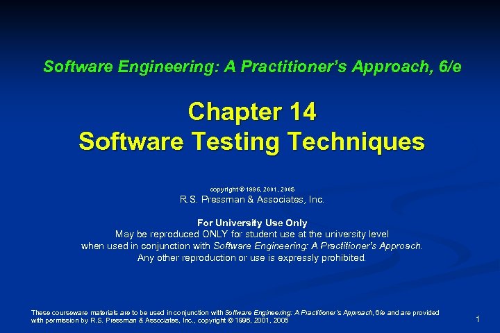 Software Engineering: A Practitioner’s Approach, 6/e Chapter 14 Software Testing Techniques copyright © 1996,