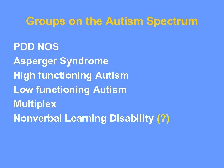 Groups on the Autism Spectrum PDD NOS Asperger Syndrome High functioning Autism Low functioning