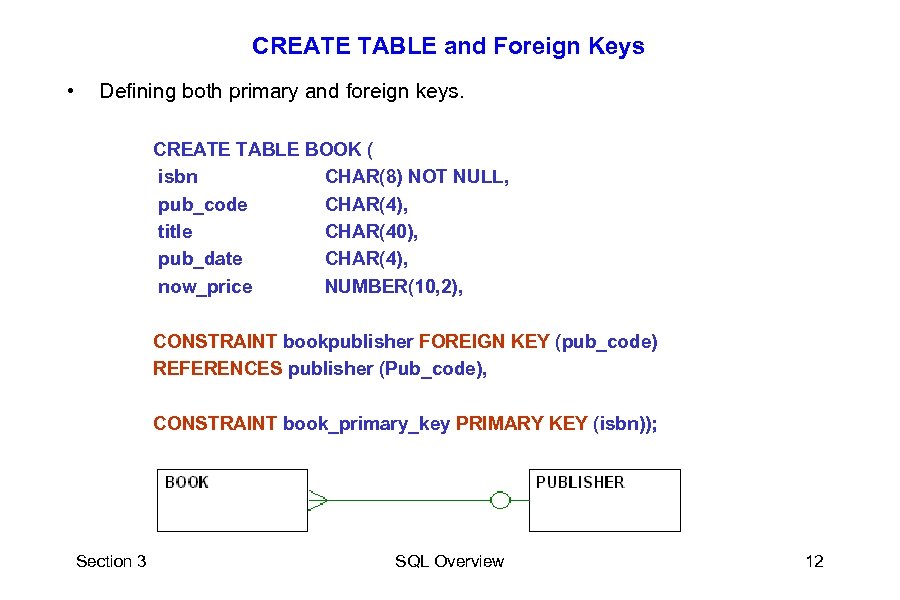 CREATE TABLE and Foreign Keys • Defining both primary and foreign keys. CREATE TABLE