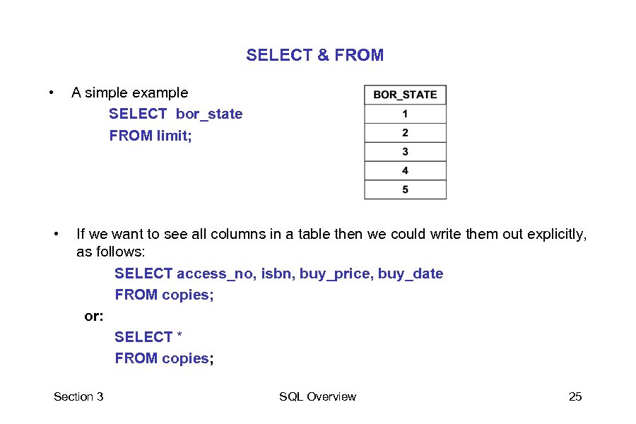 SELECT & FROM • • A simple example SELECT bor_state FROM limit; If we