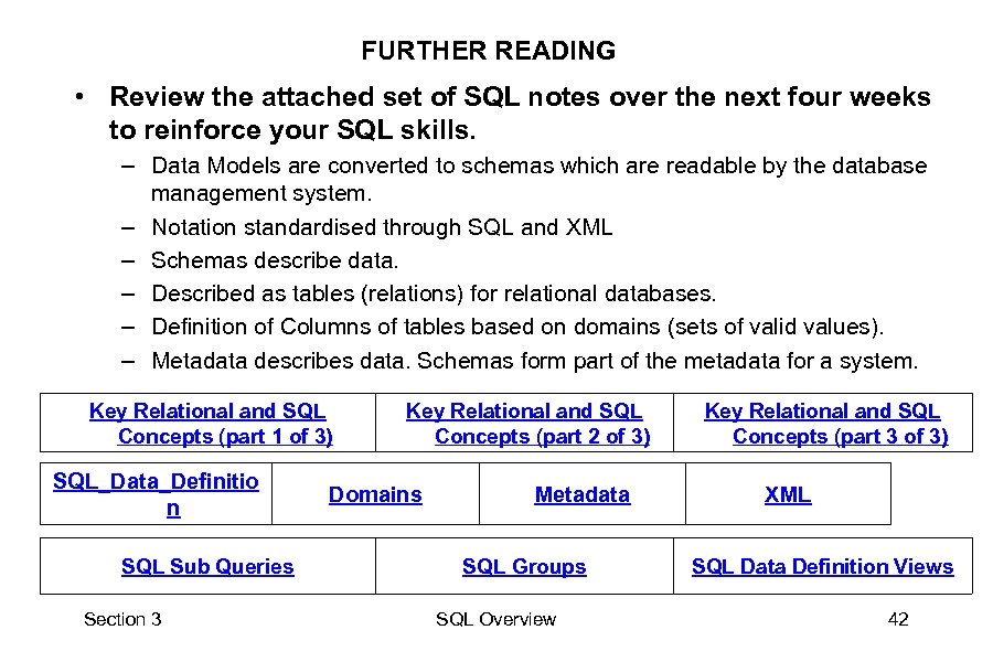 FURTHER READING • Review the attached set of SQL notes over the next four