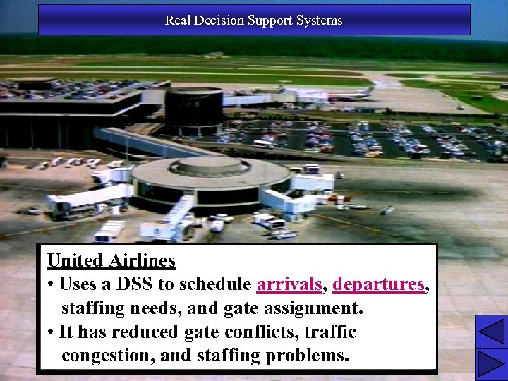 Real Decision Support Systems United Airlines • Uses a DSS to schedule arrivals, departures,