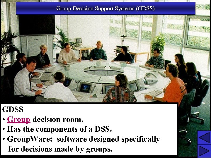 Group Decision Support Systems (GDSS) GDSS • Group decision room. • Has the components