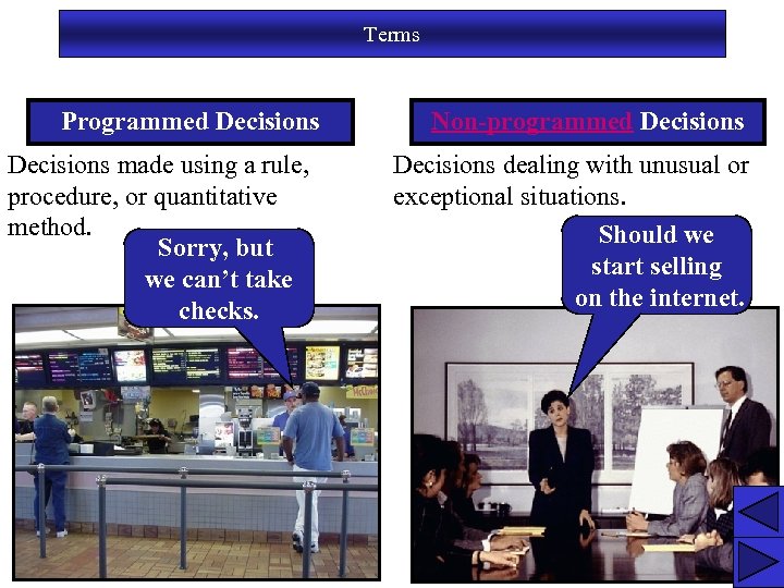 Terms Programmed Decisions made using a rule, procedure, or quantitative method. Sorry, but we