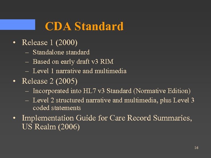 CDA Standard • Release 1 (2000) – Standalone standard – Based on early draft