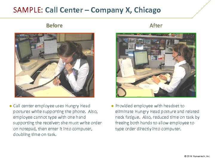 SAMPLE: Call Center – Company X, Chicago Before After ● Call center employee uses